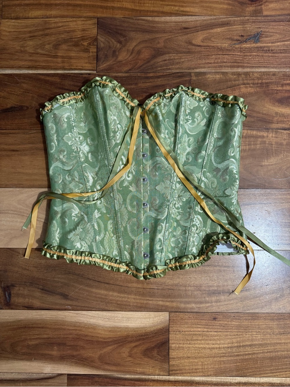 Green Floral Brocade Corset Bustier with Gold Ribbon